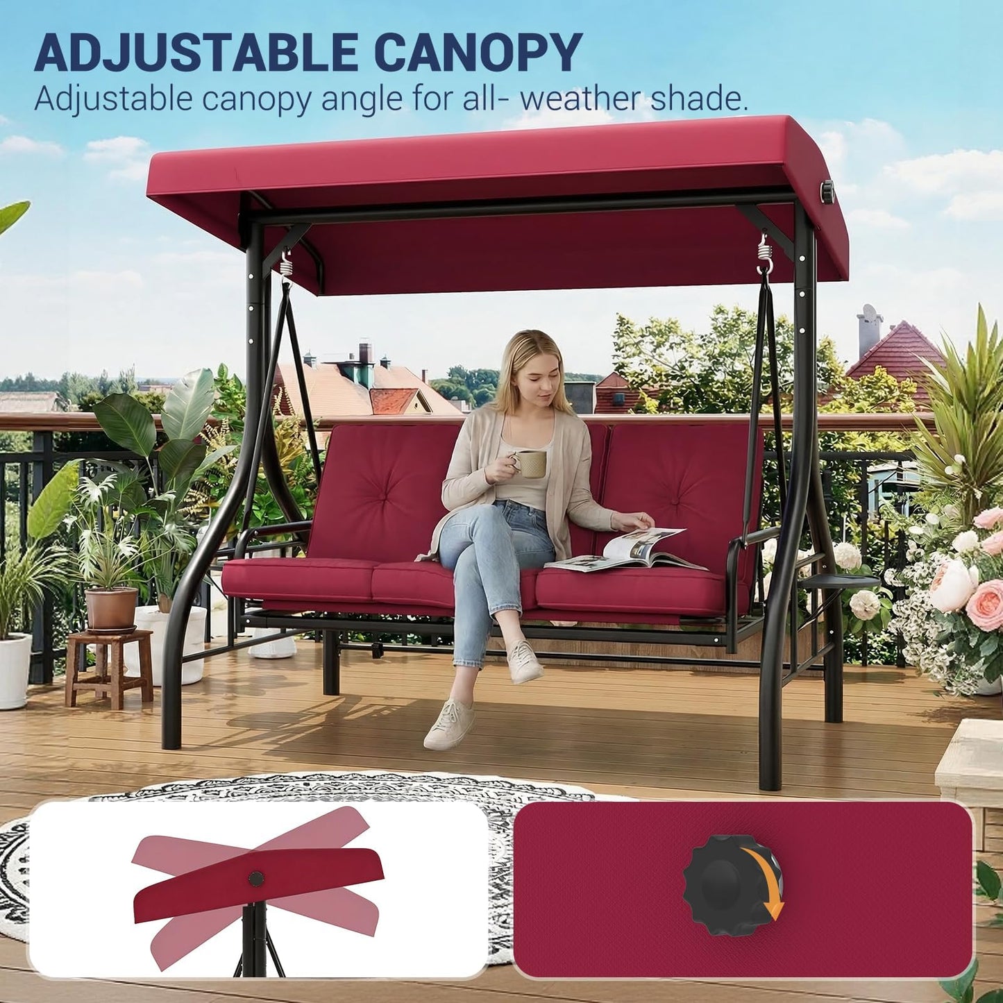 Garvee 3-Seat Outdoor Porch Swing with Adjustable Canopy, Convertible Patio Swing Bed with Stand, Thick Cushions & Cup Holders, Weather-Resistant Steel Frame for Backyard, Garden, Porch, Red