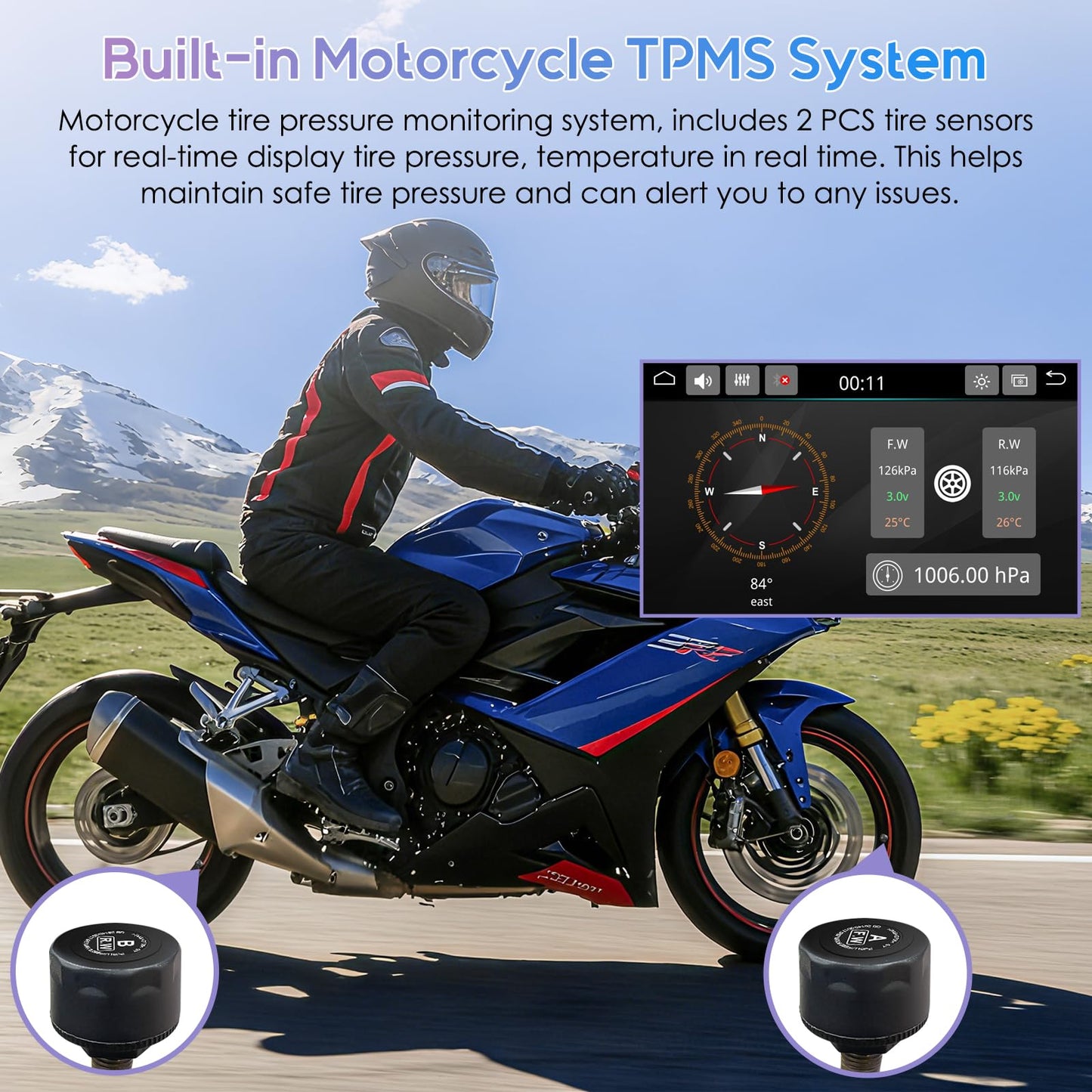 Carpuride W502TPRO for Motorcycle CarPlay& Android Auto& TPMS& Dual Bluetooth - 5" Waterproof GPS Navigation Screen for Motorbike, Music Sharing, Intercom, EQ, Light Sensor, Compass, Barometer