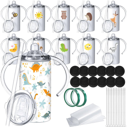 Zubebe 12 Pack 12 oz Sublimation Sippy Cups Blanks 2 in 1 Kids Tumbler with 2 Lids Stainless Steel Toddlers Sublimation Cups Water Bottle with Straws, 2 Heat Tape, 12 Transfer Coating, Coaster, Brush