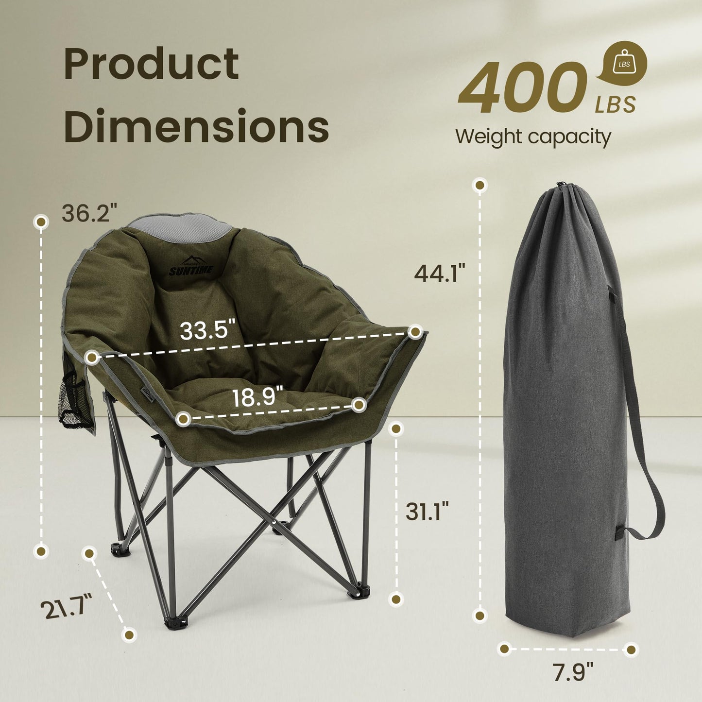 Oversized Padded Comfy Camping Chair for Adults, Portable Padded Lawn Chair, Weight Capacity 400 LBS, Heavy Duty Moon Leisure Folding Chair for Camping, Hiking, Carry Bag, Army Green (2 Pack)