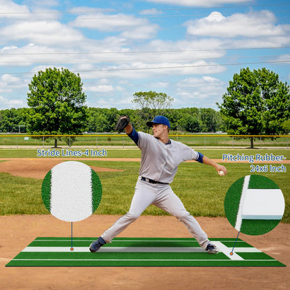 10x3 ft Professional Softball Pitching Mat with Power Line, Heavy Duty Non-Slip Rubber Base & Dense Turf, Portable Softball Pitching Mound for Indoor Outdoor Training Lane, Ideal Practice Aid, Green
