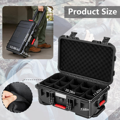 Relaxweex Black Waterproof Rolling Camera Hard Case 22x14x9 Inch, Impact-resistant Travel Case with Padded Dividers & Wheels for Cameras, Lenses & Accessories