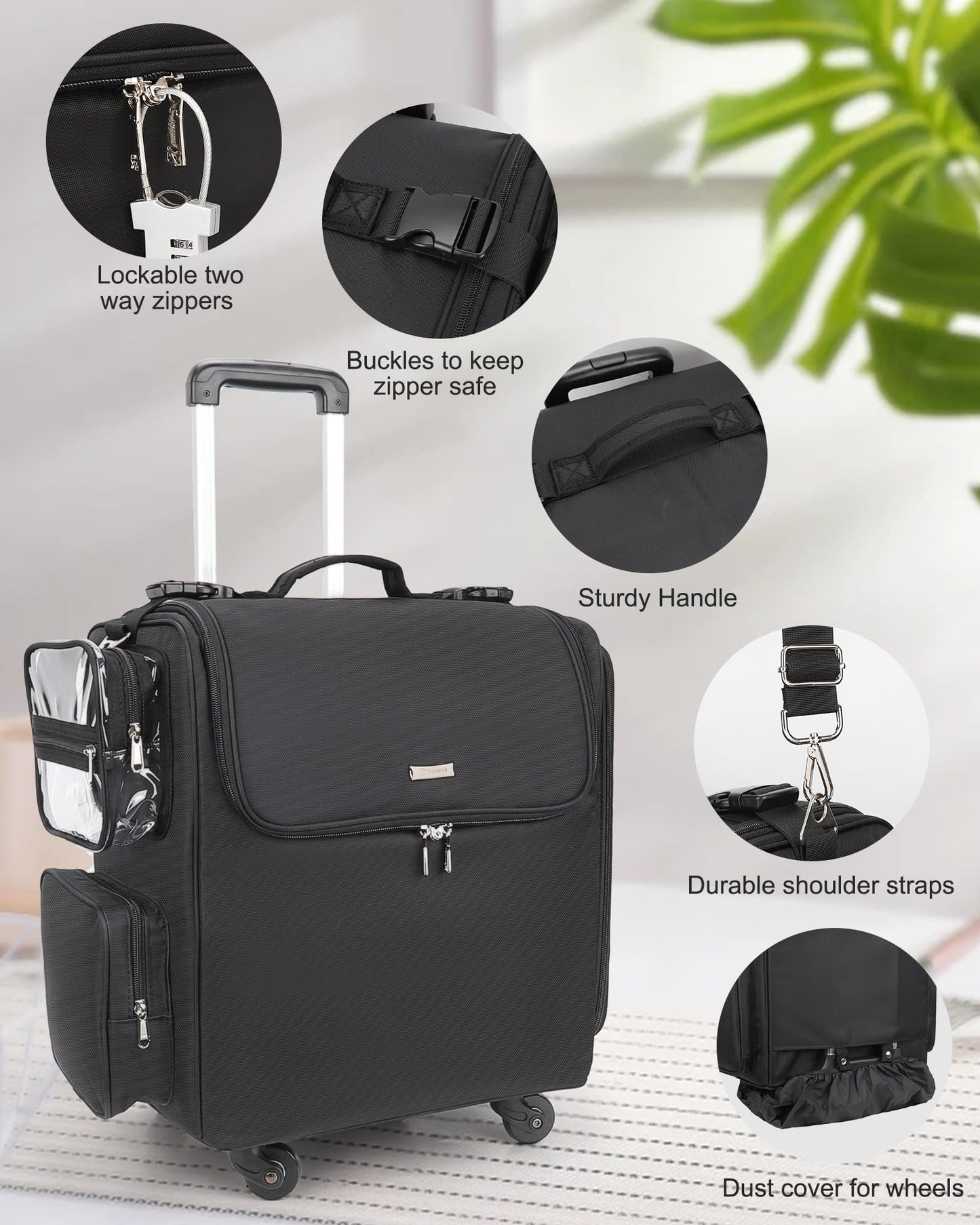 Relavel Rolling Makeup Train Case, Professional Hairstylist Traveling Bag with 4 Wheels & 2 Pouches, Adjustable Dividers, Heat Insulation Full Layer, Portable Cosmetics Storage Organizer Suitcase