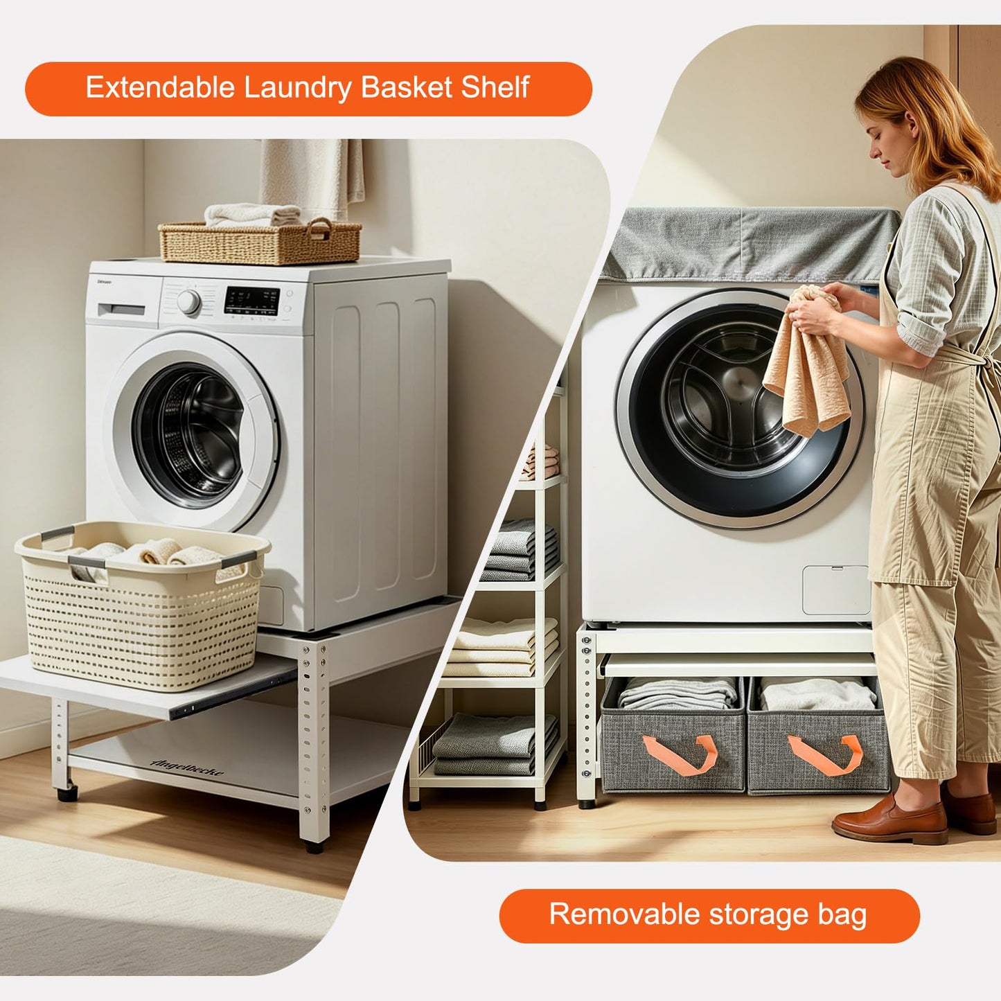 Washer and Dryer Pedestals, 28" L x 28" W Heavy Duty Metal Washer and Dryer Stand Universal Platform, Washer Dryer Pedestal with Basket Shelf, Portable Storage Bag, 4 Silicone Pads, Fit 800lbs, White