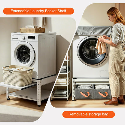 Washer and Dryer Pedestals, 28" L x 28" W Heavy Duty Metal Washer and Dryer Stand Universal Platform, Washer Dryer Pedestal with Basket Shelf, Portable Storage Bag, 4 Silicone Pads, Fit 800lbs, White
