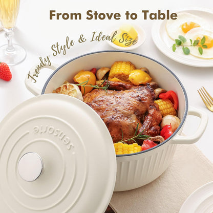 SENSARTE Enameled Cast Iron Dutch Oven - 3.5 Quart Heavy-Duty Pot with Lid, Ideal for Baking & Roasting - White