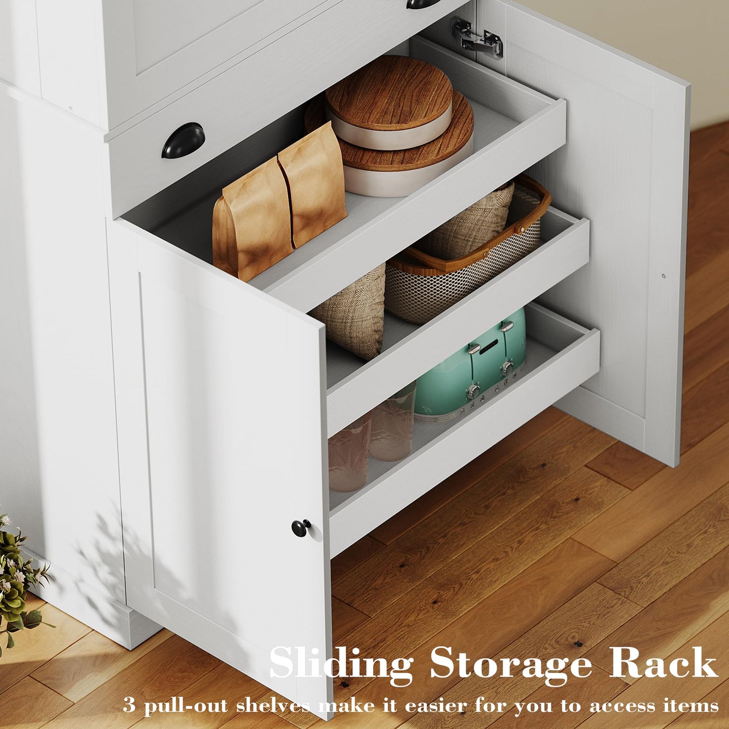 IRONCK Kitchen Pantry Cabinet 72" Height, Freestanding Cupboard with Drawer, Sliding Storage Rack, and 6 Hanging Shelves for Dining Room, Laundry, White