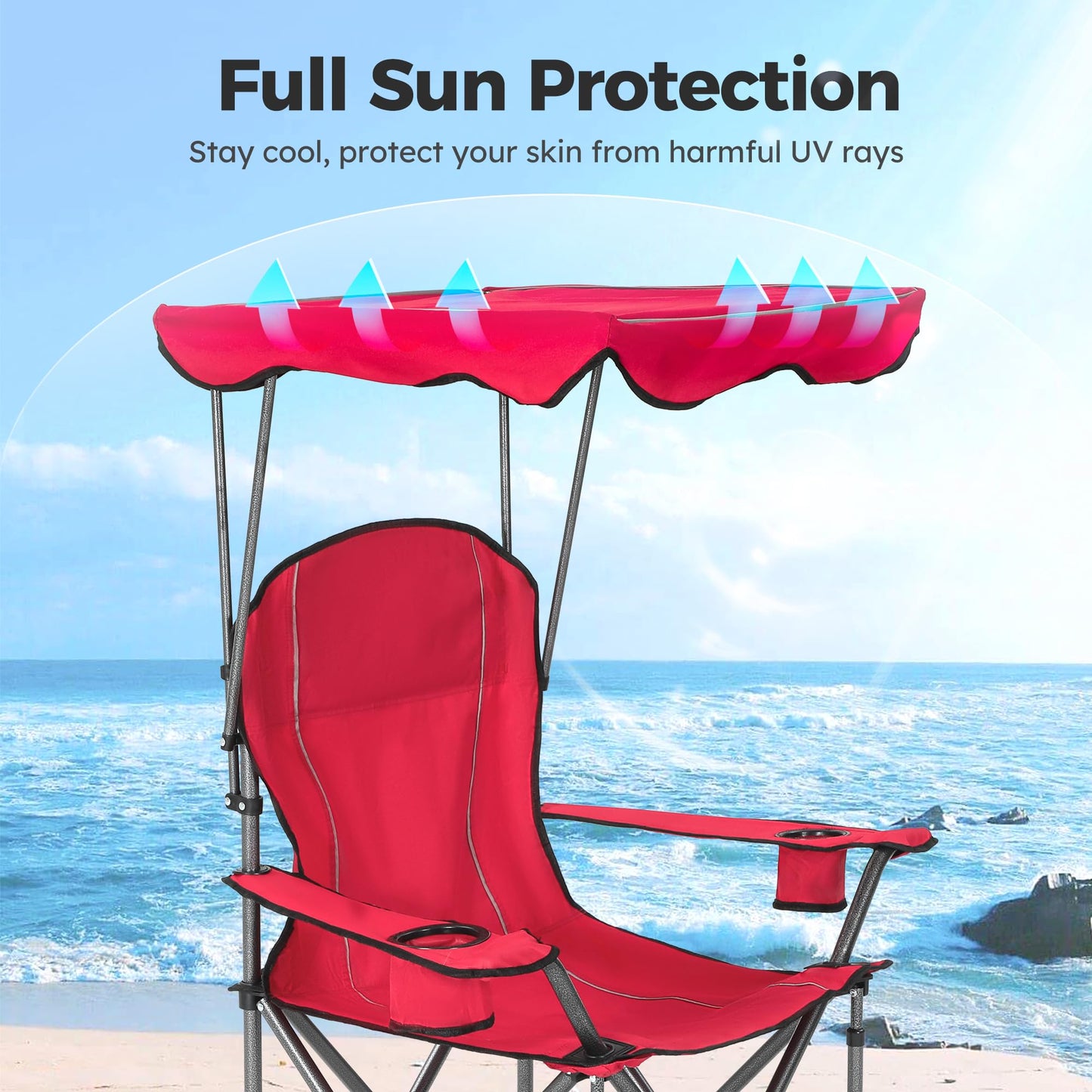 ALPHA CAMP Heavy Duty Canopy Camping Chair, 350 lbs Capacity Oversized Folding Chair with Adjustable Sunshade, Portable Sunshade Chair with Cup Holder for Beach, Fishing, Outdoor,2PC,Red