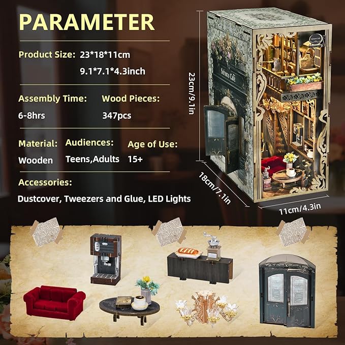 Book Nook Kit DIY Miniature Dollhouse Kit 3D Puzzles for Adults Tiny House Mini Home Craft Bookshelf Nook Puzzle Book Decor Gifts for Teenagers Book Lovers (Saisons Café)
