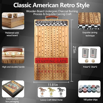 Wooden Finish Line Horse Racing Board Game Equipped with 11 Luxury Metal Craft Horses Adult Chessboard Including 2 Dice and 2 Boxes of Cards Folding Box Game Board (Light Flame)