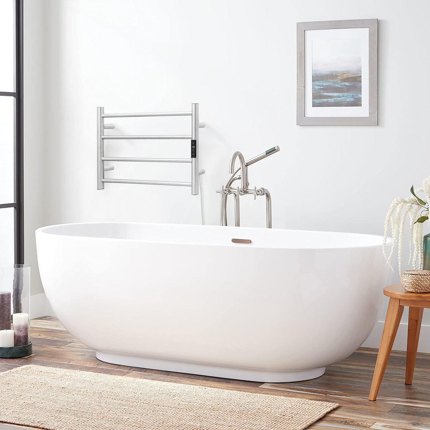 KEG Towel Warmer 8 Bars for Bathroom Freestanding or Wall Mounted Bath Towel Heater Plug-in with Built-in Timer Silver