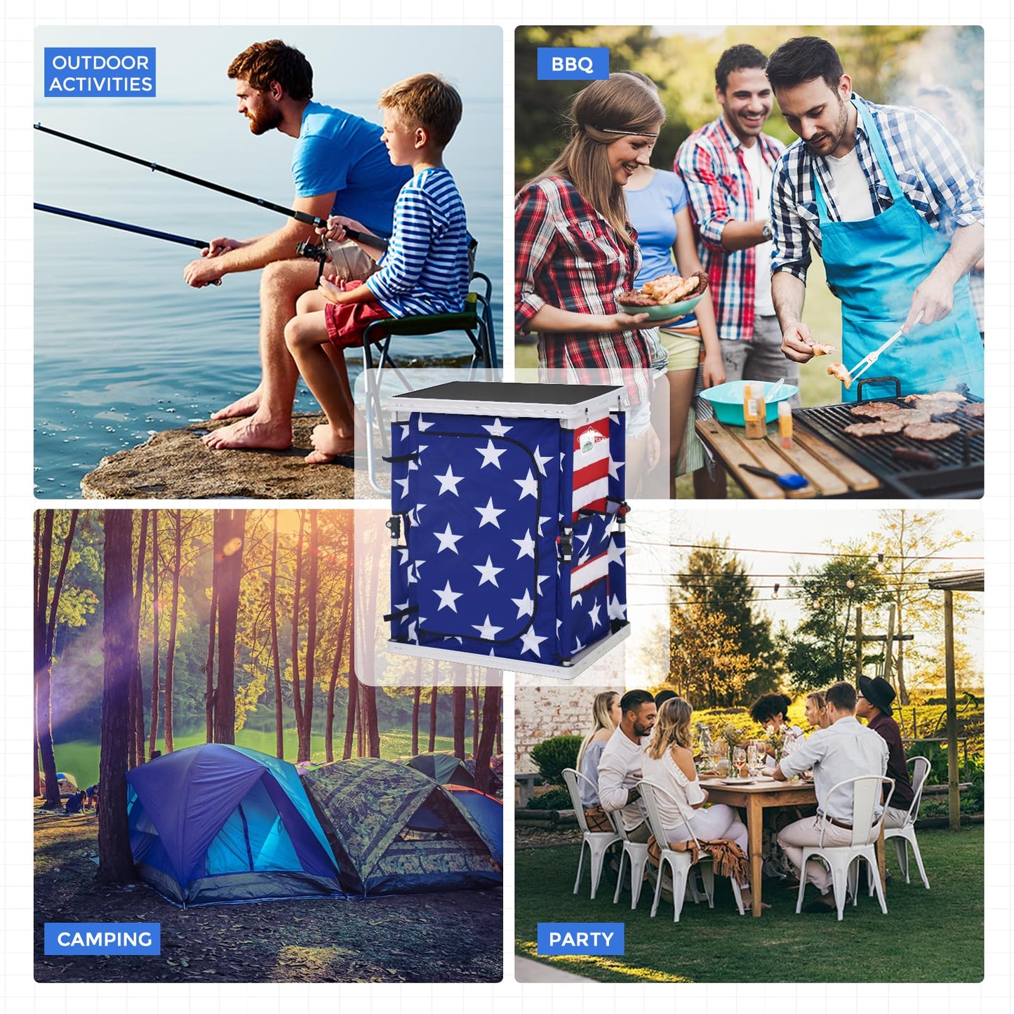 EAGLE PEAK Outdoor Folding Camping Table with Large 3-Tier Storage Organizer and Side Pockets, Easy Set Up Portable Aluminum Camping Kitchen, American Flag