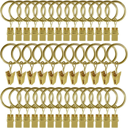 AMZSEVEN 44 Pack Metal Curtain Rings with Clips, Drapery Clips with Rings, Drapes Rings 1 inch Inner Diameter, Fits Diameter 5/8 inch Curtain Rods, Gold