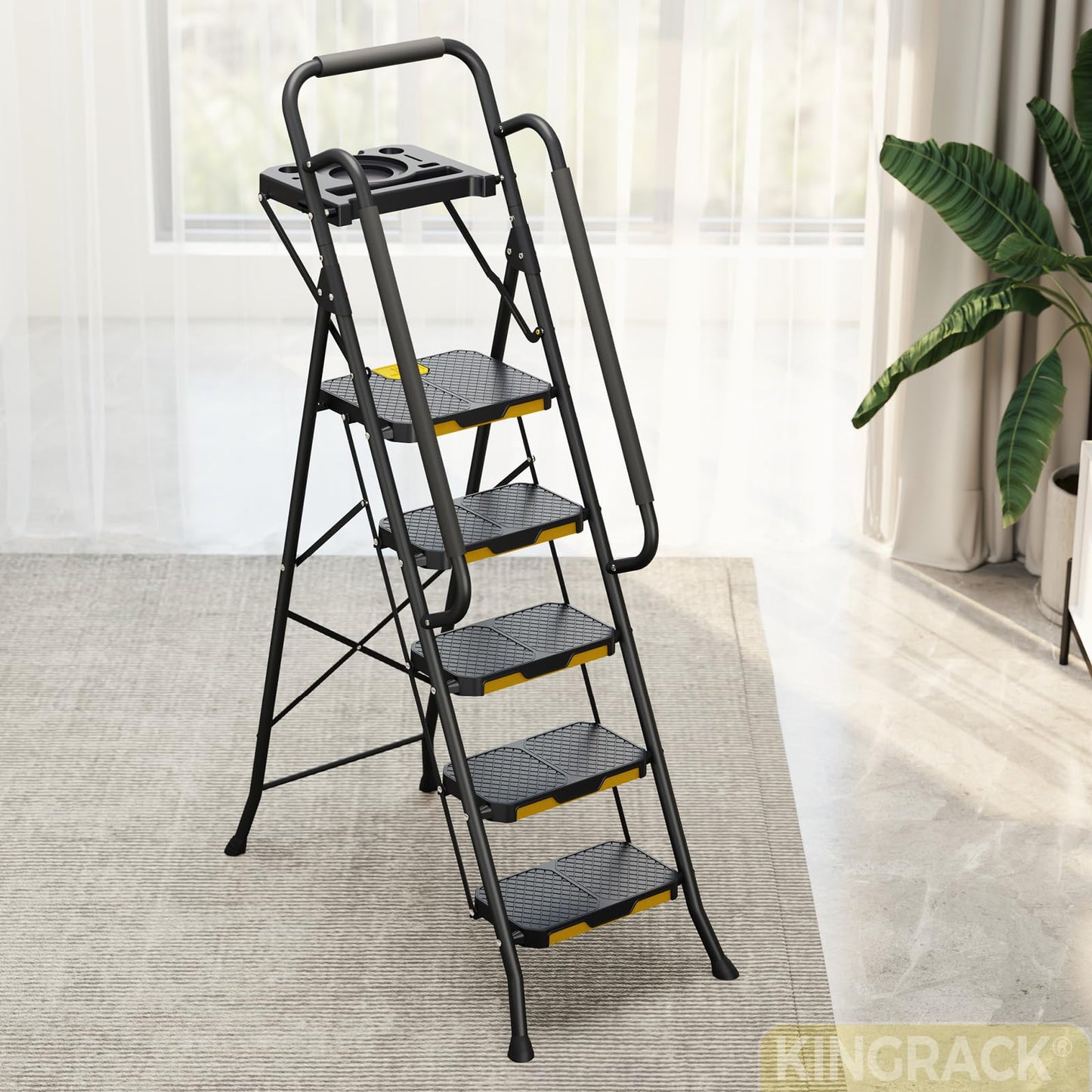 KINGRACK 5 Step Ladder, Sturdy Steel Step Stool with Anti-Slip Wide Pedals, Handrail, Safe-Lock Design, 800lbs Folding Portable Ladder for Multi-Purpose, Home, Kitchen