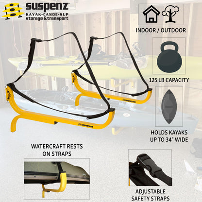 SUSPENZ Kayak Storage Rack, Flat Wall Hanger/Hook for Canoe, Kayak, SUP Storage, Indoor & Outdoor Use, Safety Straps, Holds 125 lbs (11-8801)