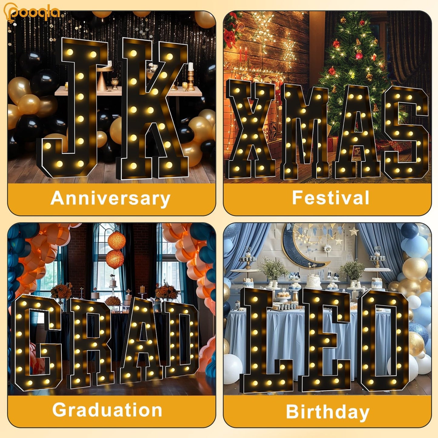 Pooqla 4 FT Marquee Light Up Letters, Black Letter Lights 4 Feet Tall, Giant Sign Big Mosaic for Balloons Birthday Party Anniversary Wedding Decorations, Warm White J