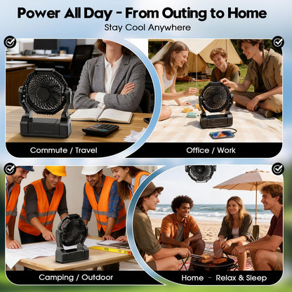 XZK 24000mAh Rechargeable Camping Fan, 64H Runtime Battery Powered Portable Travel Fan with LED Light, Tent Fans for Indoor,Outdoor,Fishing,Jobsite & Hurricane Emergency,Gifts for Men Dad Him,Black