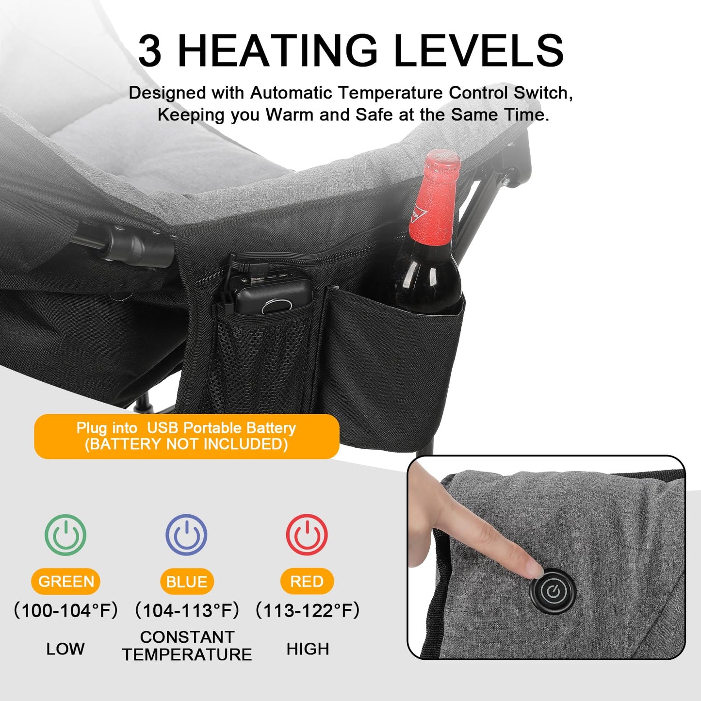 REALEAD Heated Camping Chair - Fully Thick Padded - Heated Chairs for Outdoor Sport with Back and Seat Heating - Heated Outdoor Chair for Adults - Battery NOT Included