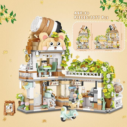 Street View Coffee Shop Mini Building Blocks MOC Creative Building Toys Cute Animals Building Set for Girls 6-12 Simulation Architecture Construction Toy Gift Idea for Kids Adults (1077 PCS)