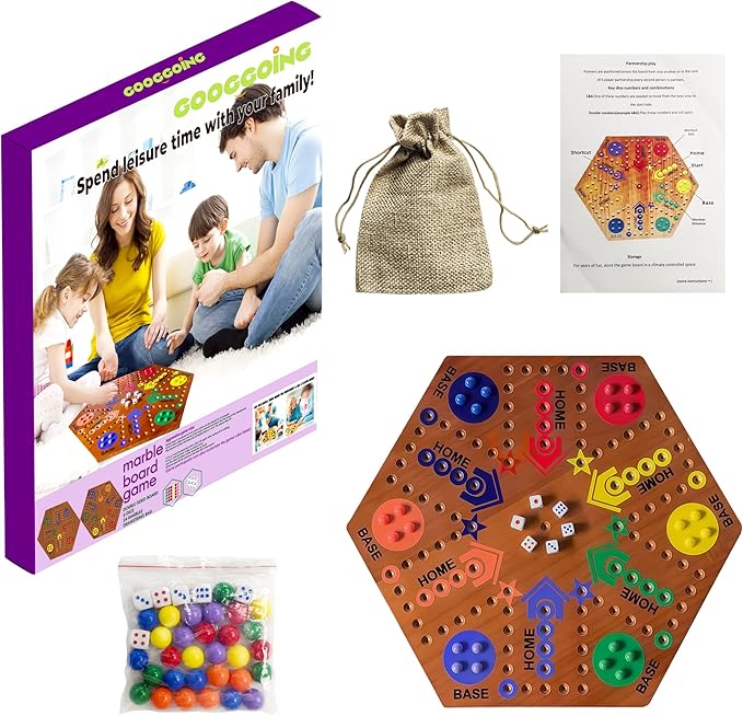 Wooden Board Game Board Game Original Marble Game Double Sided Painted 2 to 6 Player Fast Track Wooden with 6 Colors 24 Marbles 6 Dice for Adults Kids Family(20 INCH Flame)