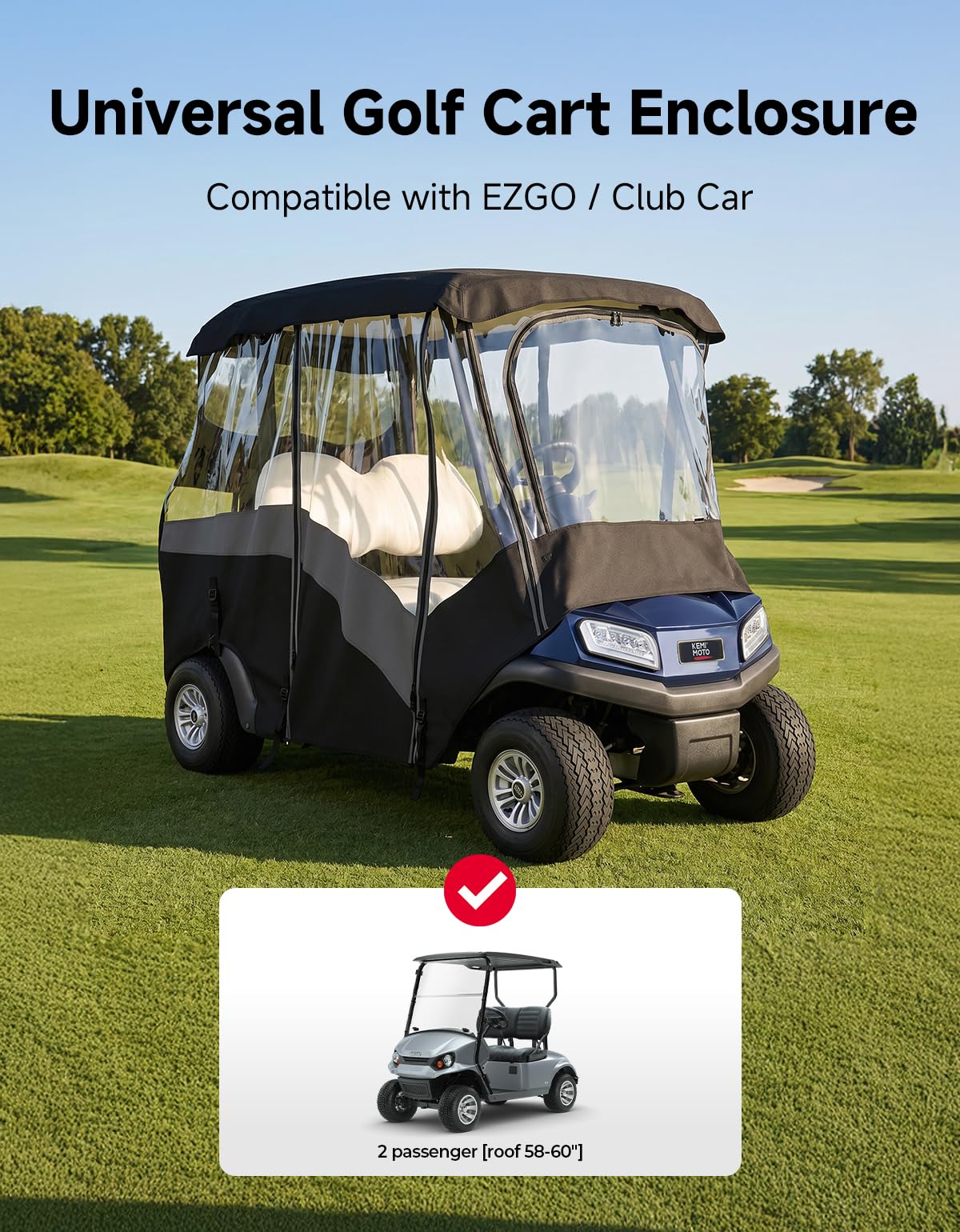KEMIMOTO 2 Passenger Golf Cart Enclosure, Universal 2 Seat Golf Cart Rain Cover with Clear TPU Windshield, 600D Waterproof Weather Enclosure, Compatible with EZGO, Club Car