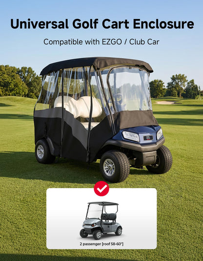 KEMIMOTO 2 Passenger Golf Cart Enclosure, Universal 2 Seat Golf Cart Rain Cover with Clear TPU Windshield, 600D Waterproof Weather Enclosure, Compatible with EZGO, Club Car