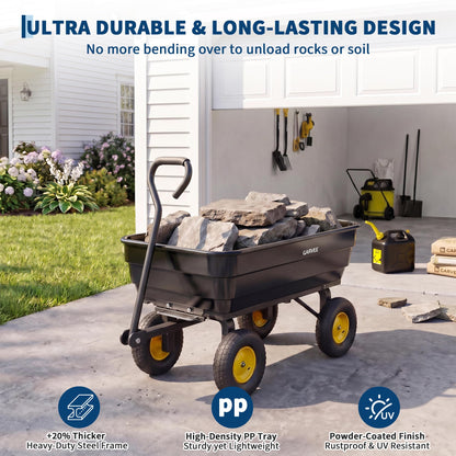GarveeLife Poly Garden Dump Cart, 600 lb Wheelbarrow Yard Cart with 10 in Wheels, Quick-Dump & Towable Utility Wagon for Yard, Soil, Rocks（Black）
