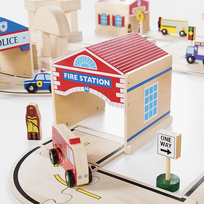 Guidecraft Community Buildings: Set of 6 Wooden Block Play Buildings (Fire Station Police Department Hospital School Grocery Store &amp Service Station)