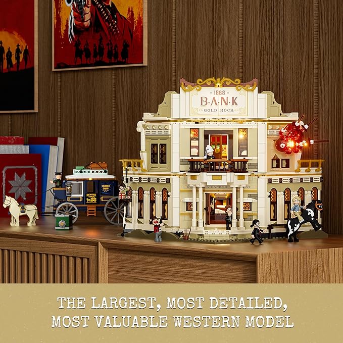Western Bank Heist Lighting Building-Bricks Set - Wild West Outlaw Gold Heist 2875 Pcs Collection Display Set for West Lovers