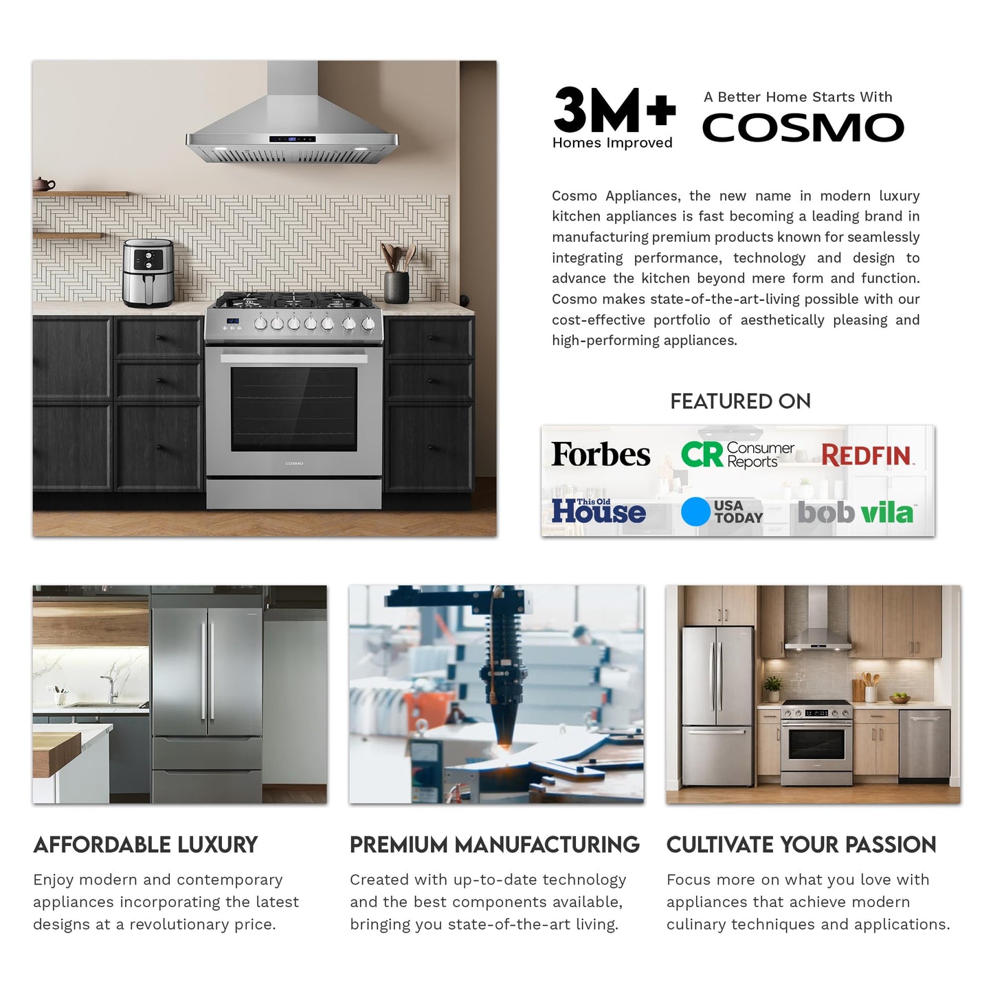 COSMO COS-965AGC 36 in. Gas Range with 5 Burner Cooktop, 3.8 cu. ft. Capacity Rapid Convection Oven with 5 Functions, Heavy Duty Cast Iron Grates in Stainless Steel, 36 inches