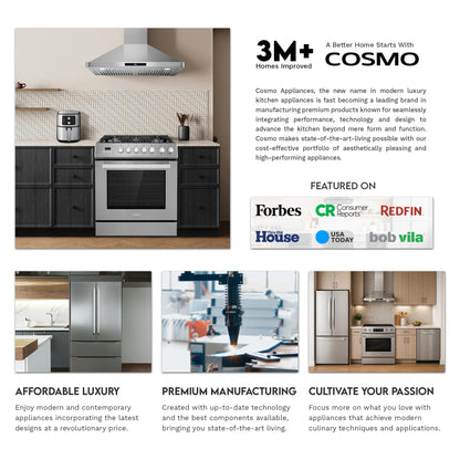 COSMO COS-965AGC 36 in. Gas Range with 5 Burner Cooktop, 3.8 cu. ft. Capacity Rapid Convection Oven with 5 Functions, Heavy Duty Cast Iron Grates in Stainless Steel, 36 inches