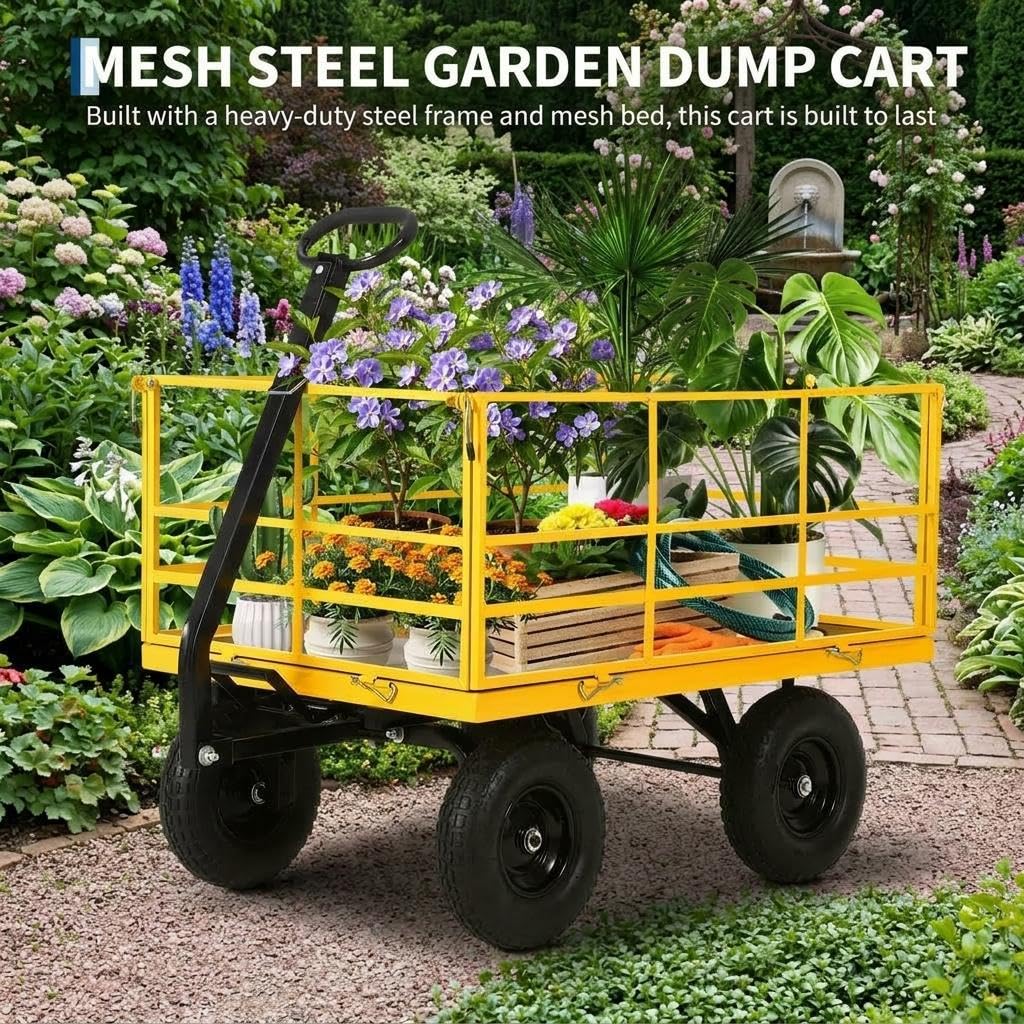 Heavy Duty 4-in-1 Steel Garden Dump Cart - 1500 lbs Capacity - 13 Inch All-Terrain Wheels - Removable Mesh Sides & Swivel Handle - Yellow Frame, Black Hubs & Handlebars