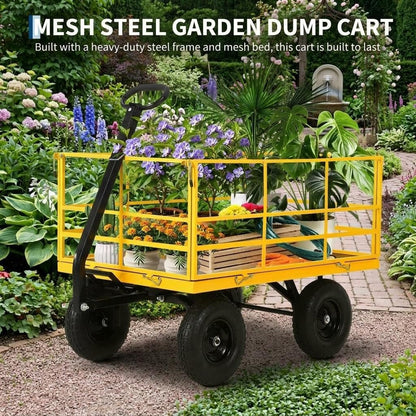 Heavy Duty 4-in-1 Steel Garden Dump Cart - 1500 lbs Capacity - 13 Inch All-Terrain Wheels - Removable Mesh Sides & Swivel Handle - Yellow Frame, Black Hubs & Handlebars
