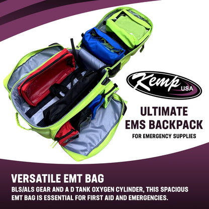 Kemp USA Ultimate EMS Backpack Neon Green Emergency Response Medical Bag Fluid Resistant Tarpaulin EMT Storage Fits BLS ALS Equipment D Tank Oxygen Cylinder Professional Field Use