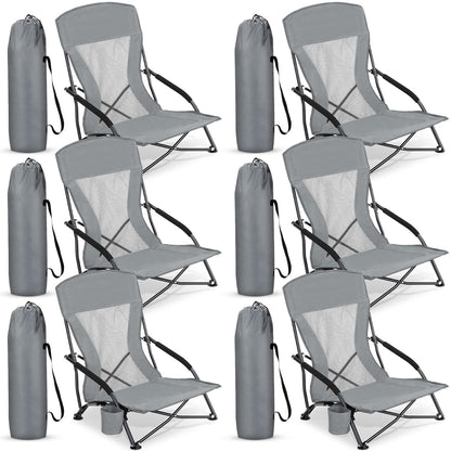 Menkxi 6 Pack Low Beach Chairs for Adults, Portable Folding Sand Chairs with Cup Holder and Carry Bag, Lightweight High Back Camping Chair for Beach Trips, Concerts, BBQ, Lawn, Outdoor (Dark Grey)