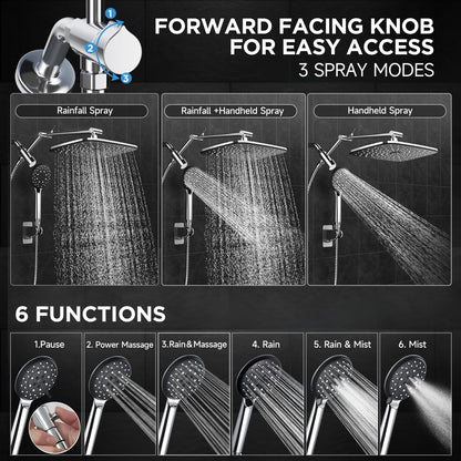 Veken Wide Rain Shower Head with Handheld, High Pressure Rainfall Showerhead Combo with Arm for Bathroom Accessories, Home Decor, Detachable Dual Shower with Multi Modes Handheld Spray, Silver Chrome