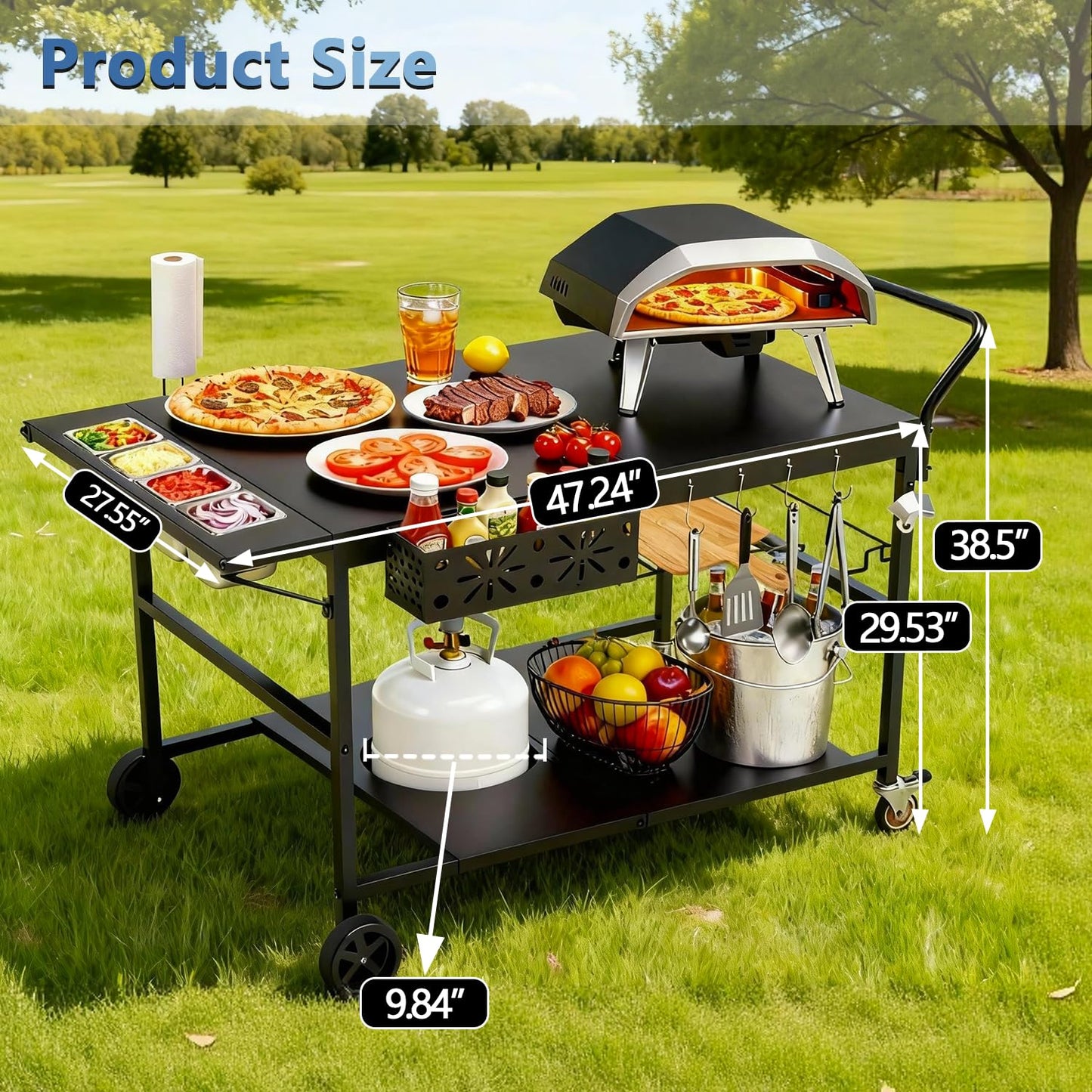 47" Outdoor Pizza Oven Table with Wheels, Pizza Oven Cart for Outside with Propane Tank Holder, Heavy Duty Pizza Oven Stand Prep Table for BBQ Patio Backyard Cooking
