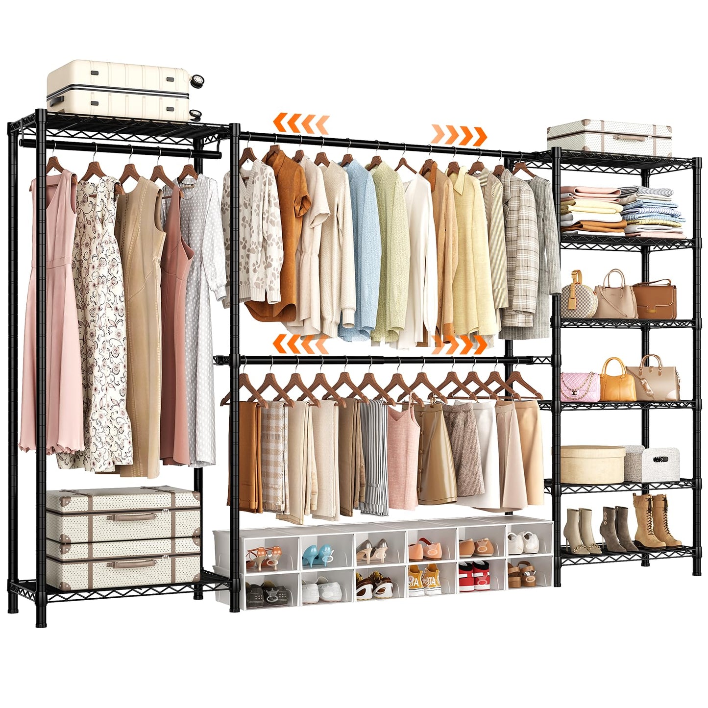 ONBRILL E3 Expandable Heavy Duty Garment Rack, Freestanding Closet Organizer System with 8 Wire Shelves & 3 Hanging Rods, Modular Metal Pipe Clothing Rack, Max Load 1000 LBS, Portable Closet, Black