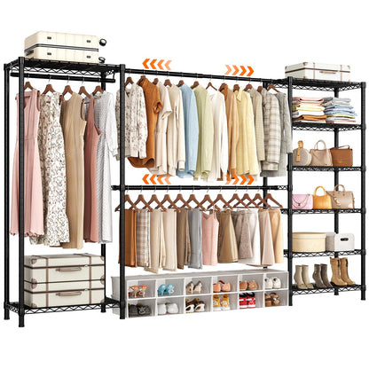 ONBRILL E3 Expandable Heavy Duty Garment Rack, Freestanding Closet Organizer System with 8 Wire Shelves & 3 Hanging Rods, Modular Metal Pipe Clothing Rack, Max Load 1000 LBS, Portable Closet, Black