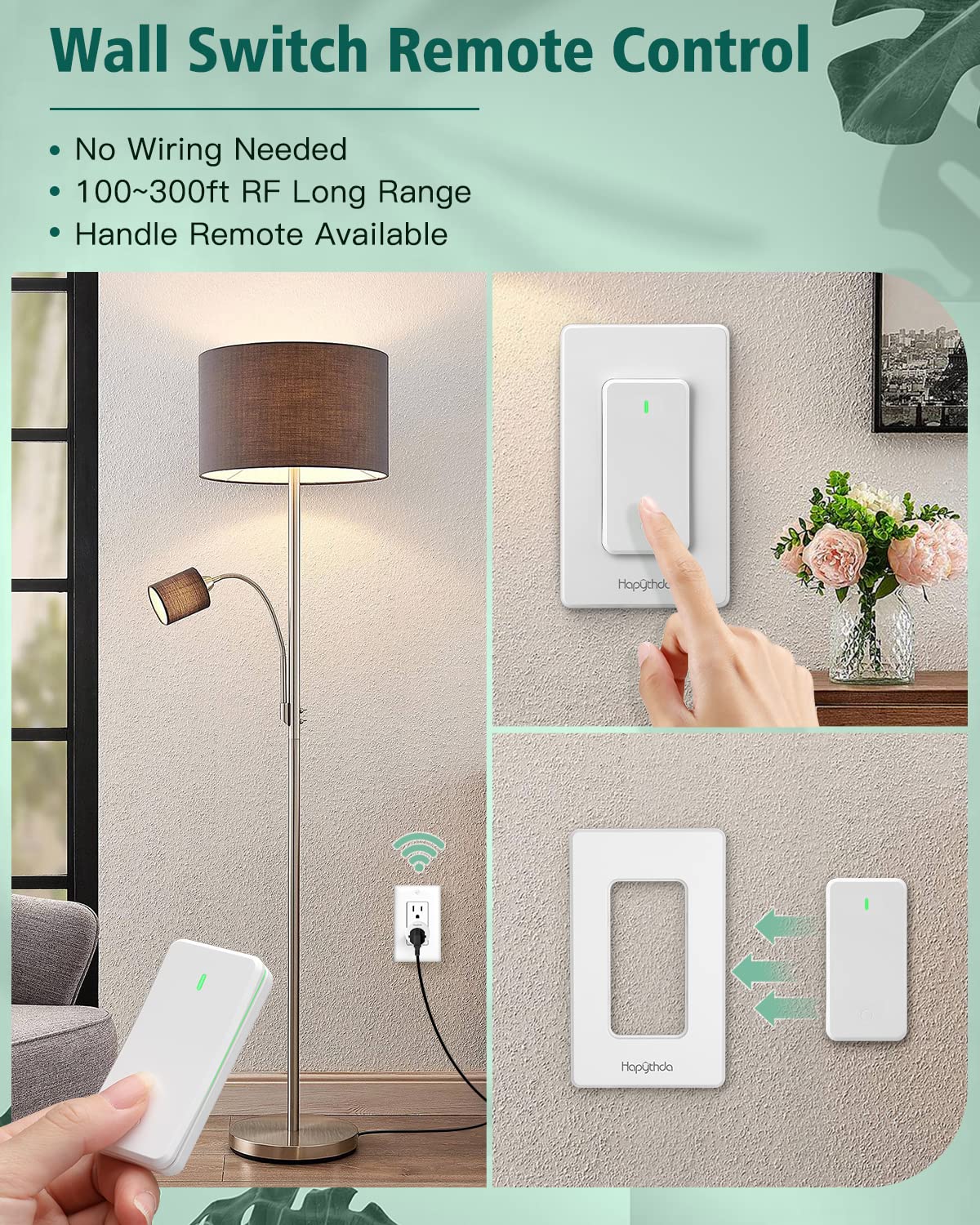 Remote Control Outlet, Buckle Design Removable Wireless Wall Mounted Light Switch, 300 ft 15A 1500W, No Wiring Electrical Remote Outlet for Appliance