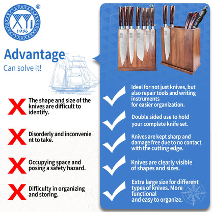 XYJ Authentic Since 1986, Magnetic Knife Block, Double Side Kitchen Knife Stand, Acacia Wood, Magnetic Knife Holder with Strong Enhanced Magnets,Knives Storage Rack Stand for Home Kitchen
