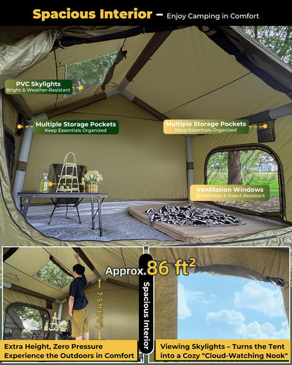 Inflatable Camping Tent for 3-4 Person, Oxford Fabric Blow Up Tent with Skylight, Easy 5-Minute Setup Air Tent, Waterproof Glamping Tent with Large Door & Windows for Family Camping, Festivals