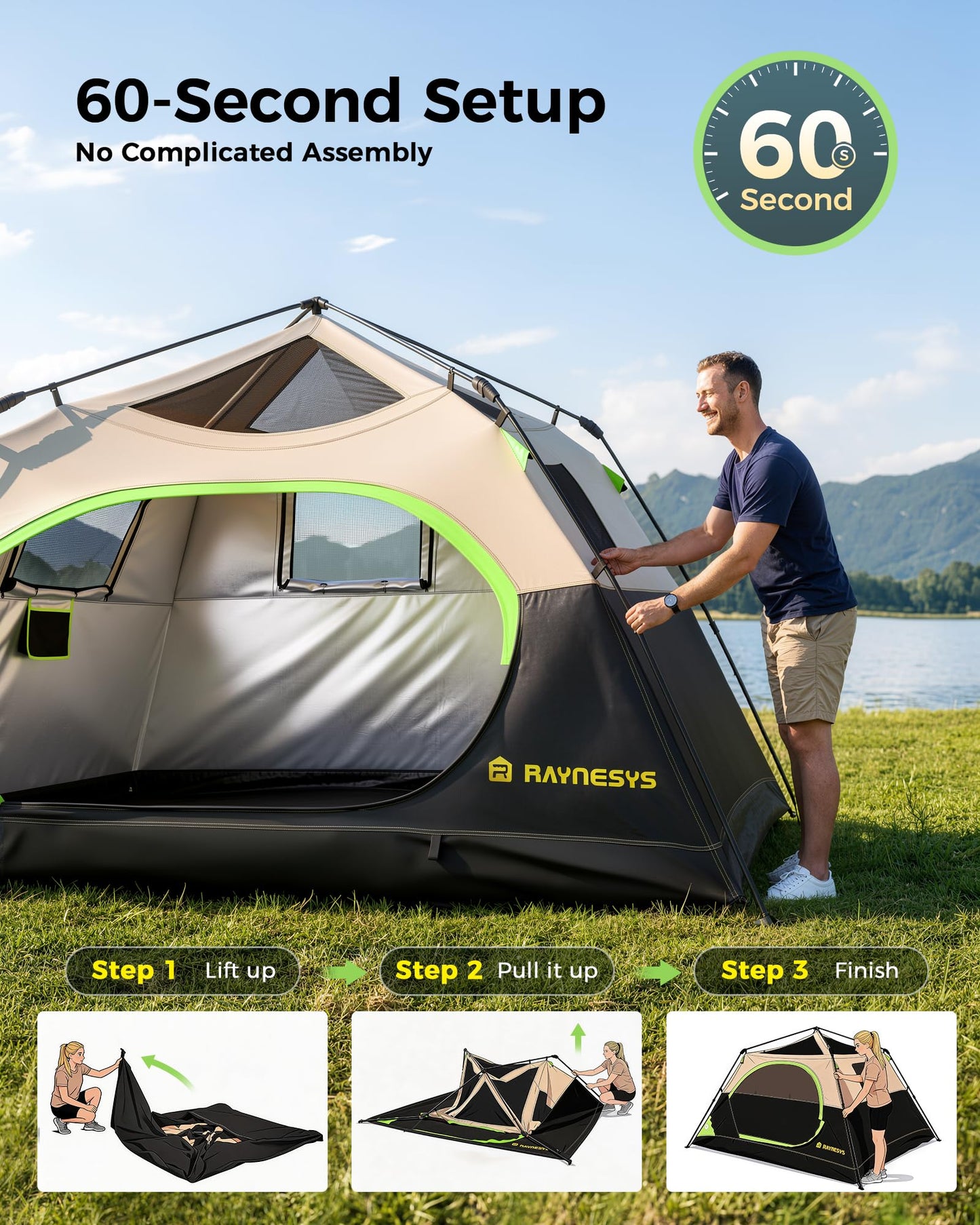 6 Person Instant Tent, Camping Tent Setup in 60 Seconds, Waterproof Pop Up Tents for Camping with Top Rainfly, Instant Cabin Tents with Portable Carry Bag for Family Camp & Hiking, Black + Brown