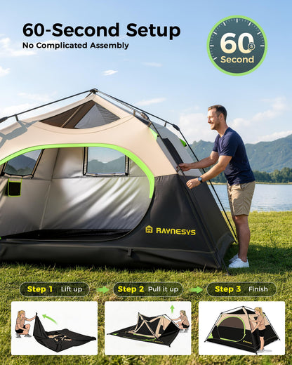 6 Person Instant Tent, Camping Tent Setup in 60 Seconds, Waterproof Pop Up Tents for Camping with Top Rainfly, Instant Cabin Tents with Portable Carry Bag for Family Camp & Hiking, Black + Brown