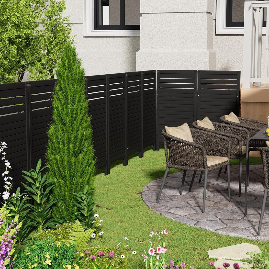 KINYING Air Conditioner Fence Privacy Screen,4 Panels Pool Equipment Trash Can Enclosure Screen for Outdoor,Resin Fence Panels Kit,45" (H) x 22" (W) Per Panel, Black