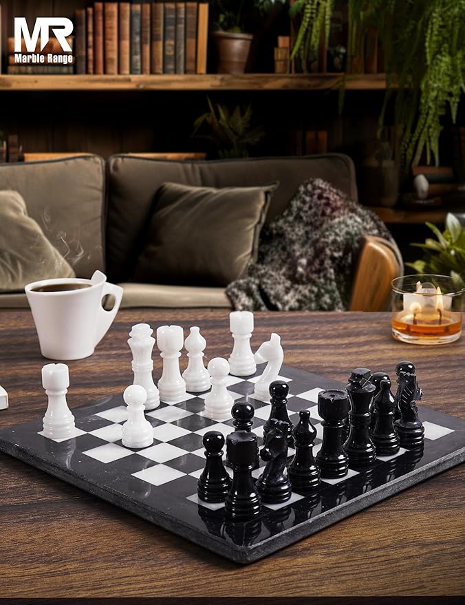 Marble Chess Set for Adults 12 Handmade Black &amp White Board Game with 32 Chess Pieces 2 Extra Queens &amp Storage Box Luxury Travel Game Elegant for Home Decor