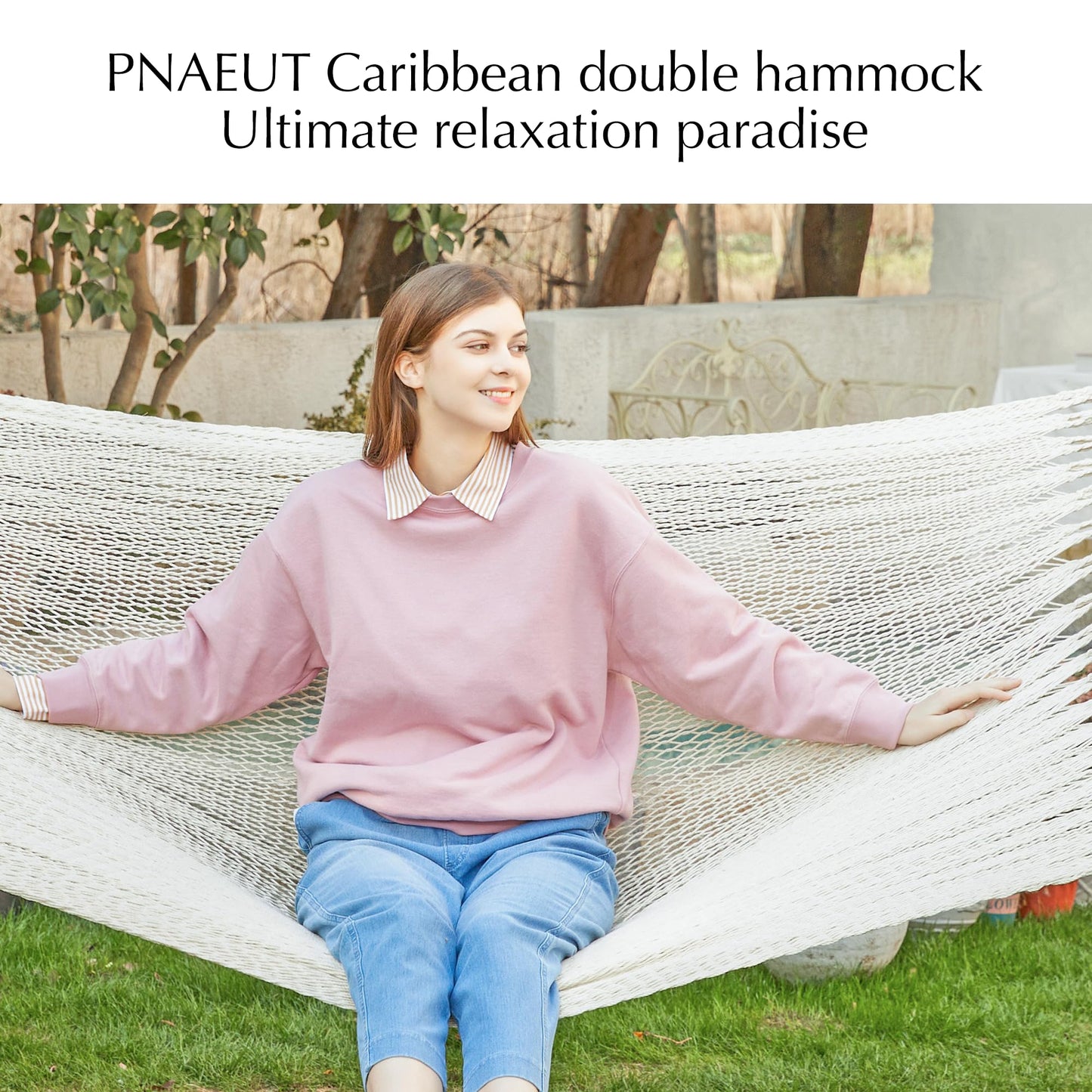 PNAEUT 2 Person Rope Hammocks for Outside, Handwoven Double Caribbean Hammock with Spreader Bar for Outdoor Indoor, Max 600 lbs Capacity (Cream)