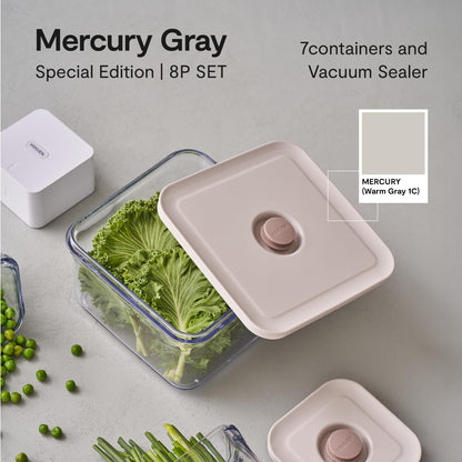 VAKUEN Premium Airtight Food Storage Container. Special Edition Mercury Color 8P/Set. 7pcs Container and Vacuum Sealer. Patented Double Silicone Lining, 100% Leak Proof, BPA-FREE