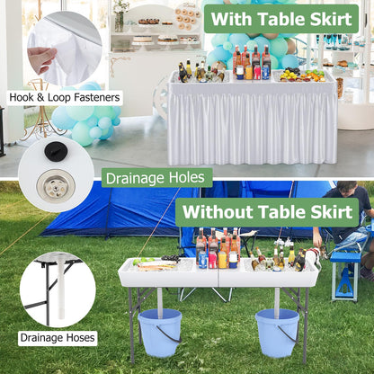 Giantex 5 FT Folding Ice Table with Double Sinks and Drains, Portable Ice Cooler Table with Removable Skirt, No Assembly, Foldable in Half, Fill and Chill Stand for Party Camping BBQ Wedding, White