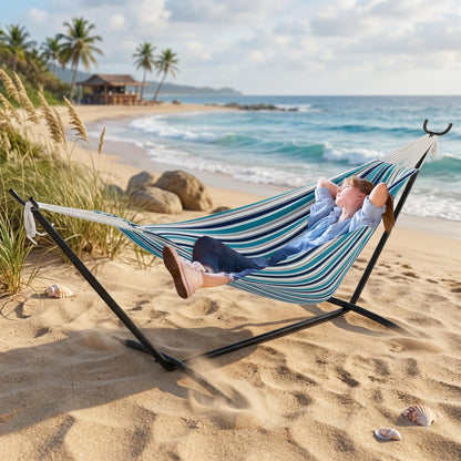 Hammock with Stand for Outside, Upgraded Carrying Case，Easy Assembly, Portable Space Saving Heavy-Duty Steel Frame，Perfect for Outdoor & Indoor, Blue Stripe